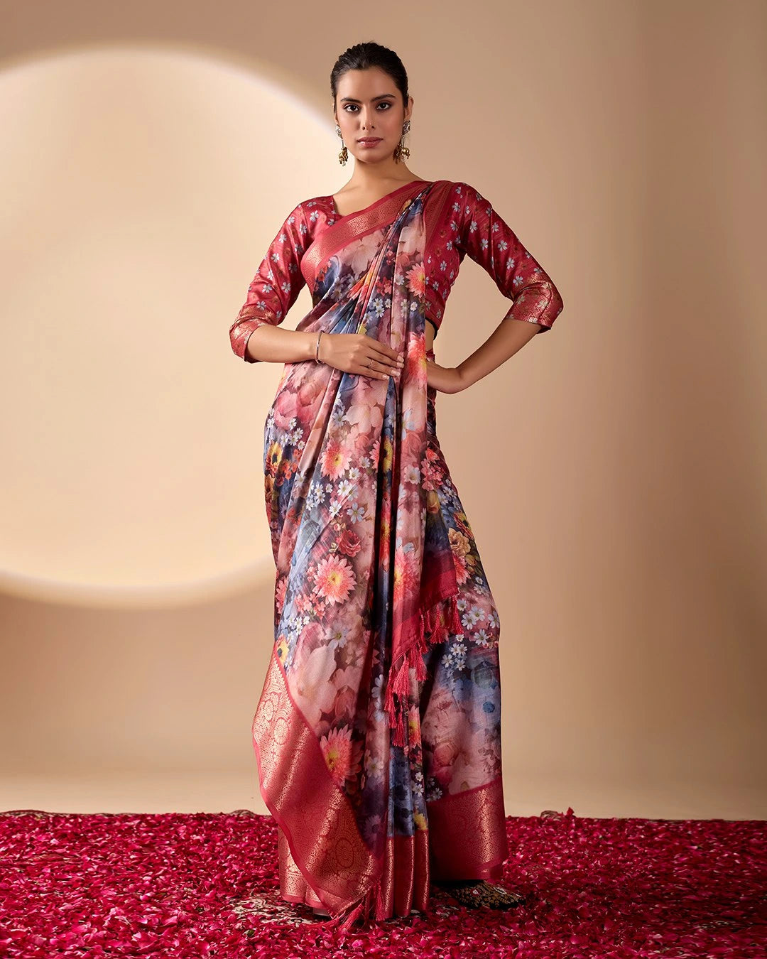 Soft Peach Digital Print & Zari Woven Border Soft Lichi Silk. – Kalyanja